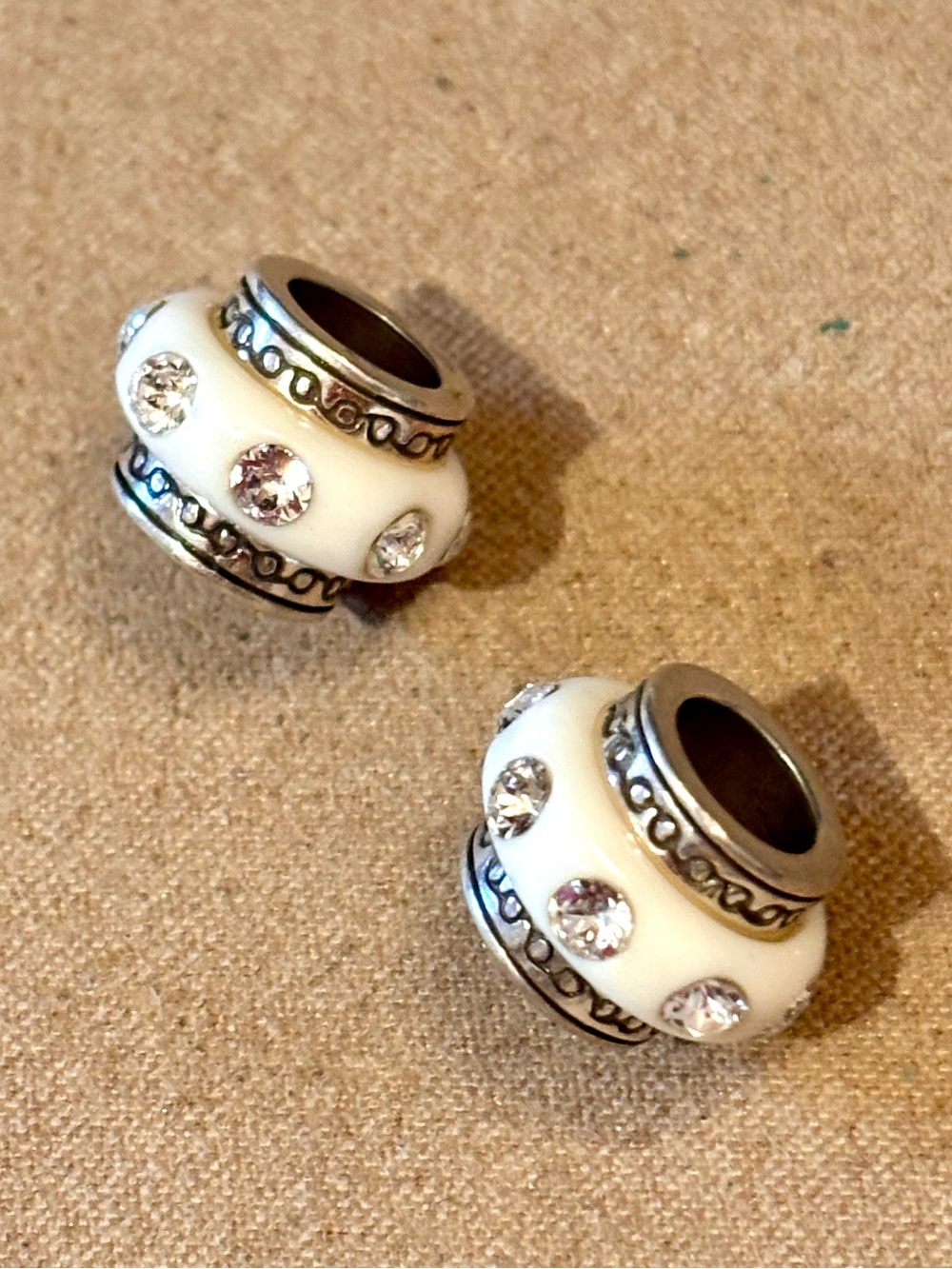 🆕Listing Two round Brighton Dazzle spacers White resin beads w crystals Retired